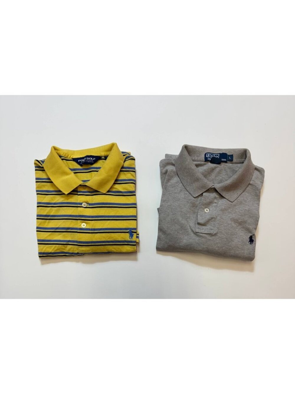 Lot of 2 Polo Ralph Lauren Polo Shirts Mens L Gray Yellow Striped Golf